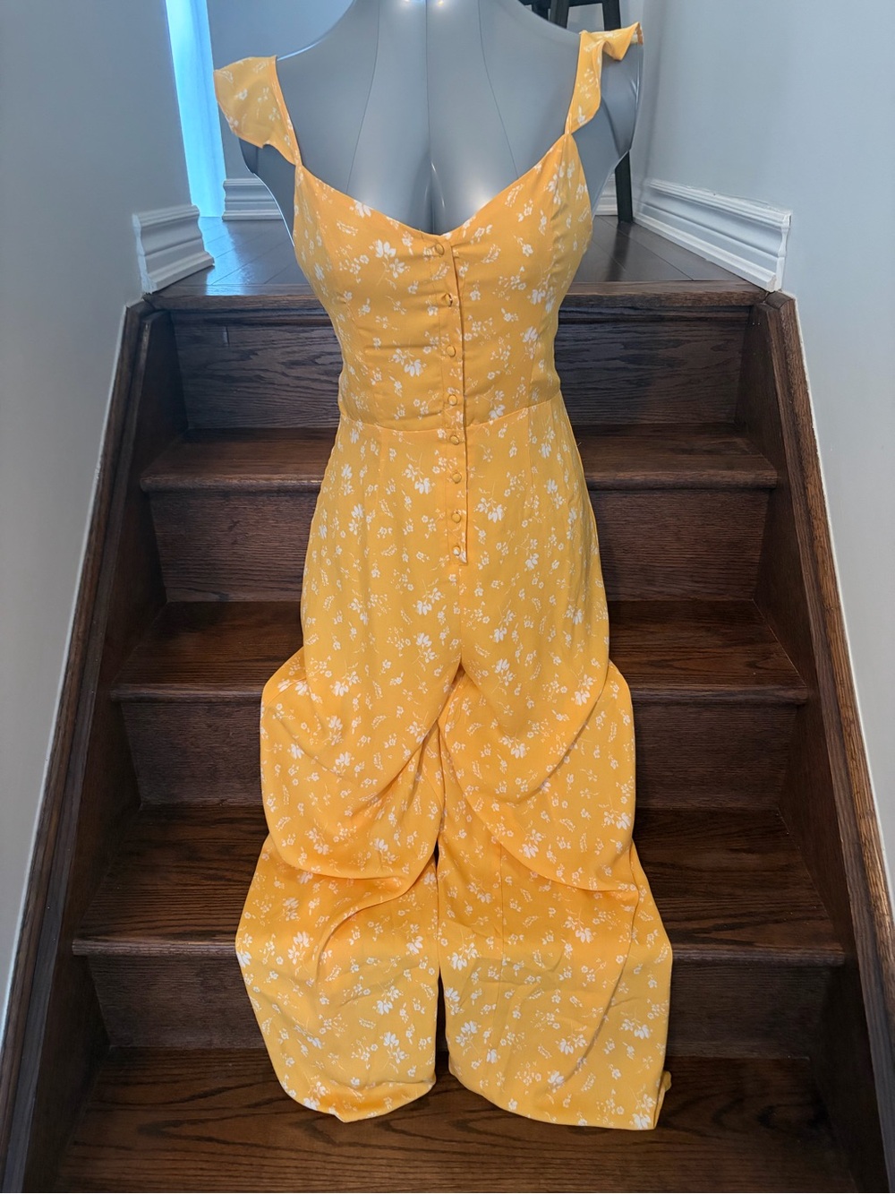 Everly Yellow Floral Button-Front Jumpsuit with Ruffled Straps